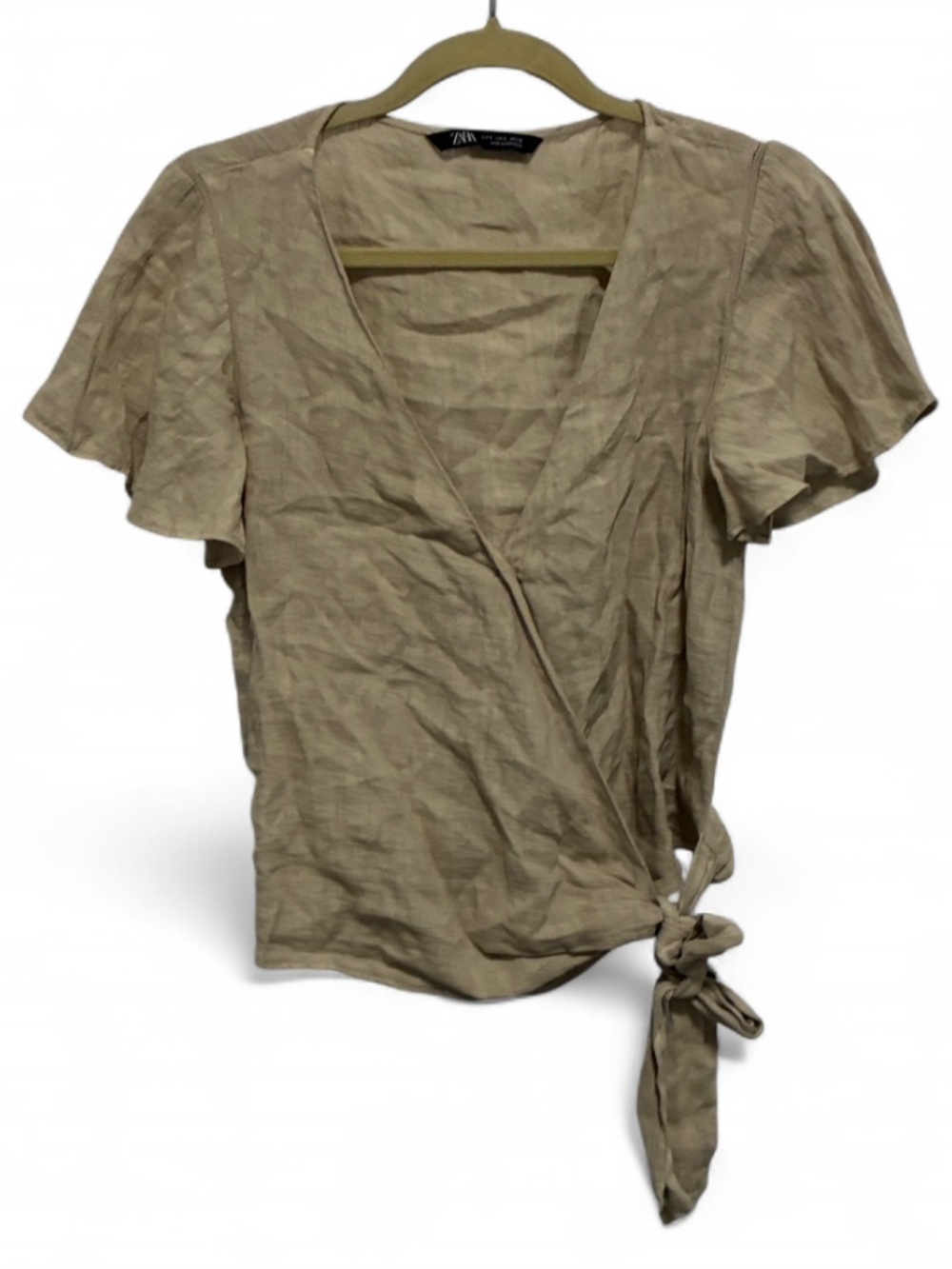 Zara Beige Flutter Sleeve Wrap Tie Short Sleeve Linen Blouse